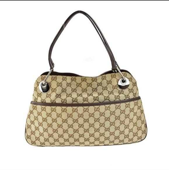Gucci Handbags - GUCCI: Beige, "GG" Logo & Brown Leather Logo Tote/Shoulder Bag